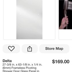 Delta 27-3/8 in. × 63-1/8 in. x 1/4 in. (6mm) Frameless Pivoting Shower Door Glass Panel in Clear (For 30-33 in. Doors)