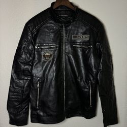 BO Katie Seth Mens Leather Full Zip Pocket Black Bomber Jacket Size Medium