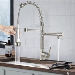 Commercial Kitchen Sink Faucet Pull Down Sprayer Twin Head Mixer Stainless Steel 