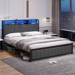 Queen LED Bed Frame with Storage Headboard, Upholstered Metal Platform Bed Frame