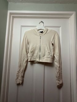 Cream Ribbed Cropped Zip-Up Hoodie