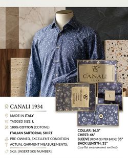 Canali Floral Cotton Shirt L Blue Made in Italy
