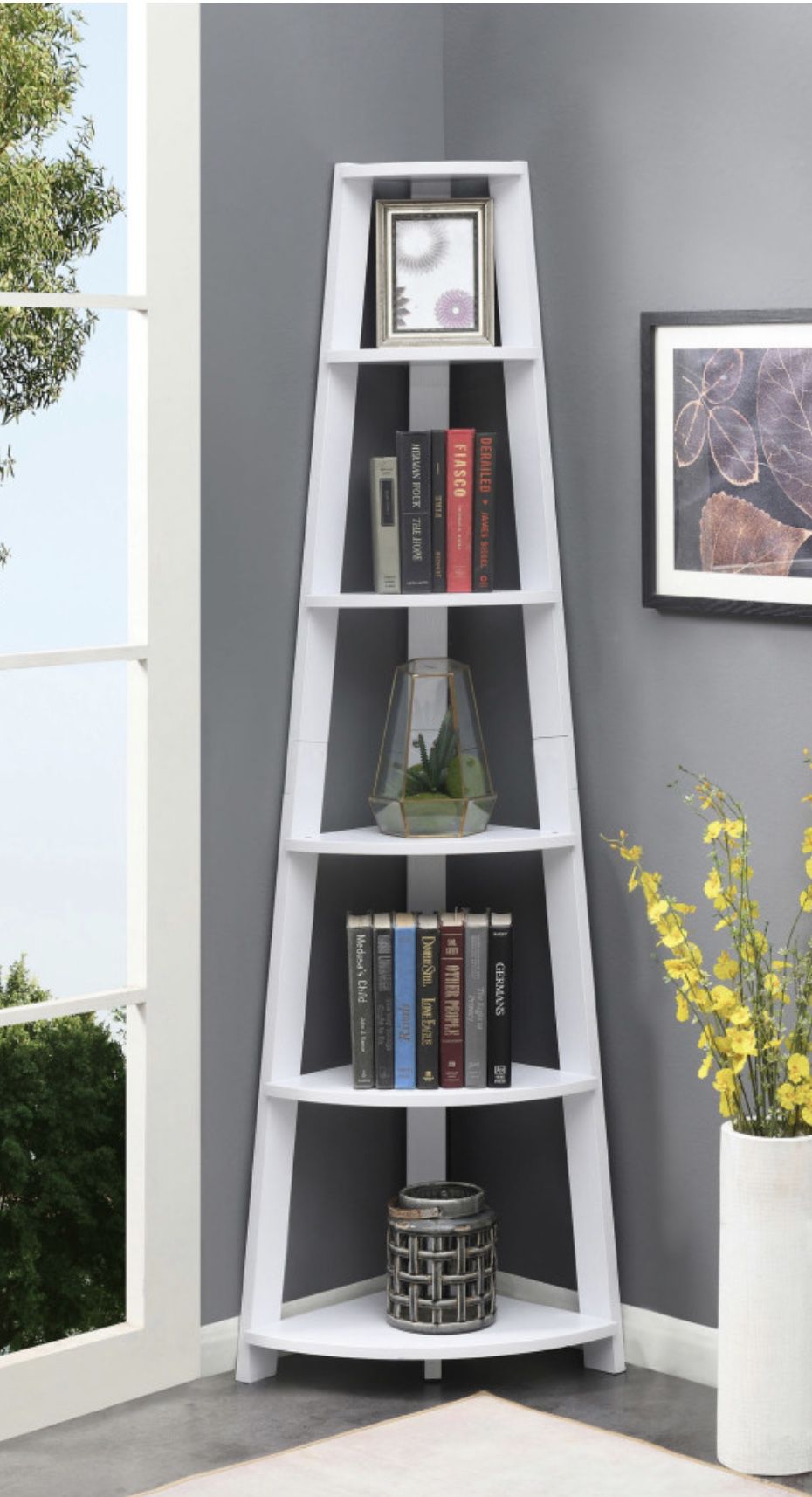 Convenience Concepts Newport 5 Tier Corner Bookshelf With White Finish U14-212