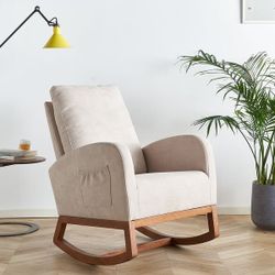 NEW Linen Rocking Chair with High Backrest and Solid Wood Frame, Accent Chair, for Living Room, Bedroom, and Nursery