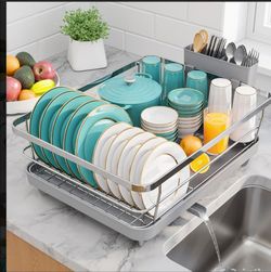 Silver dish rack with two tiers, featuring a modern design for drying dishes and utensils #kitchen #dishdrainer #Stainless steel ( 15.6"D × 12" W × 5 