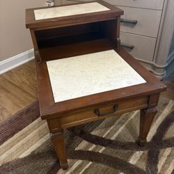 Vintage Real Marble And Wood End Table 