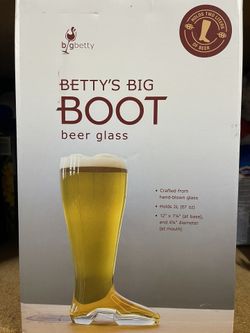 Big Betty OF BEER BETTY'S BIG BOOT beer glass • Crafted from hand-blown glass • Holds 2L (67 oz) • 12" x 7¼" (at base), and 4¼" diameter