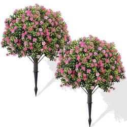 🆕Artificial Topiary Trees with Pink Flowers, 2 Set of 27 Inches High,UV Resistance, Fake Flower with Ground Spike, Weather Resistant 🆕Retails $79.99