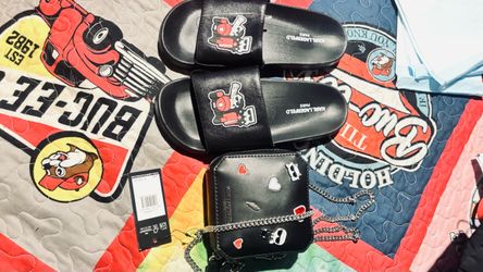 Karl Legarfield slides and Crossbody purse and MK slides