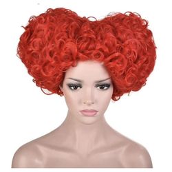 Short Full Curly with Two Bump Hand Made Flowers Wigs for Cosplay Red Anime