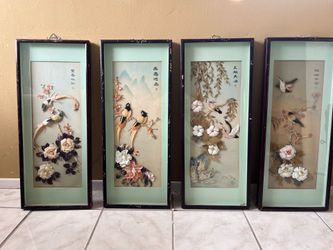 Vintage Chinese Shell Art Wall Decor - Set of 4