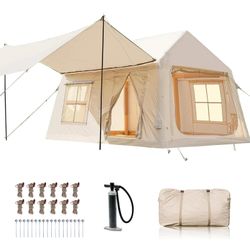 8-10 Person Large Inflatable Camping Tents with Canopy, Blow Up Tent House 2 Rooms, 4 Season Hot Tent with Stove Jack & AC Ports, Glamping Camping Ten
