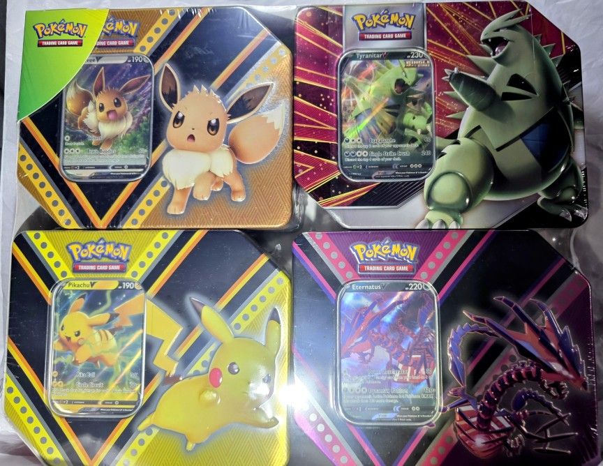 POKEMON TRADING CARDS TCG COSTCO 4 PACK TINS SET NIB SEALED PIKACHU TYRANITAR