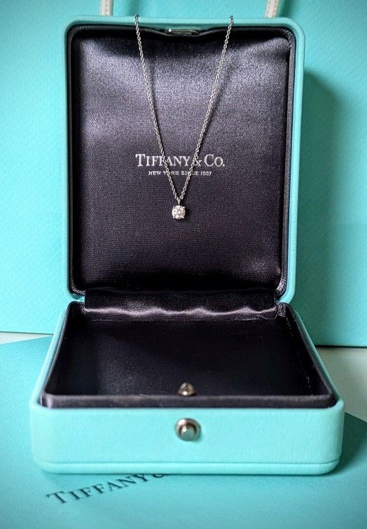 Tiffany Brilliant Round Cut Diamond & Platinum Necklac, .41 c, H Color, VS2 Color. Original Tiffany Box, Bag, Folio, Valuation, & Reg Number Paperwork