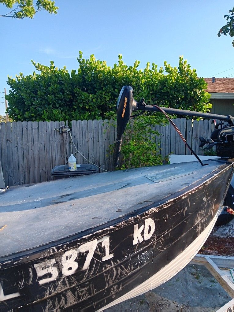 14 Foot V-hull Jon Boat With Gas Engine, Trolling Motor, Bimini Cover, And Trailer