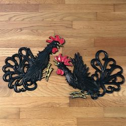 Vintage Mid Century Cast Metal Roosters Wall Art Plaques — 14" — Japan