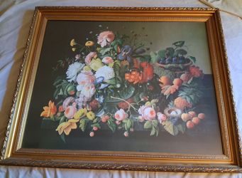 Still Life Flowers and Fruit by Severin Roesen Fine Art Print 41.5" x 33" Gold Gilt Frame *50.00 Firm*