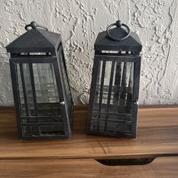 Partylite Weathered Black Metal and Glass Matching Pair of Lanterns