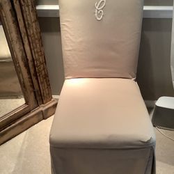 PARSONS CHAIR SLIPCOVER. TAUPE TWILL. EMBROIDERED LETTER “C”. BALLARD DESIGN