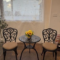 🔥Set of 3🔥Bistro Patio Set Cast Aluminum Bistro Table and Chairs Set of 2 with Cushion,Outdoor Bistro Table Set with Umbrella Hole,Metal Patio Furni