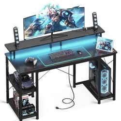 48 inch Computer Desk with Power Outlets & LED Lights, Gaming Desk with Monitor Stand & Storage Shelves, Home Office Desk