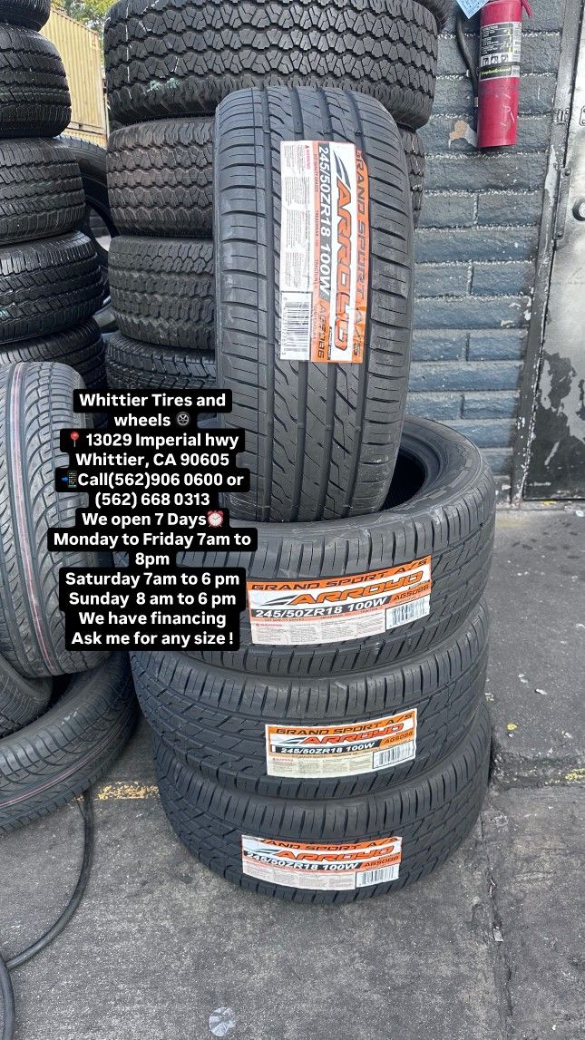 245/50R18 ARROYO SET OF NEW TIRES , INCLUDING MOUNTING AND BALANCING. ASK ME FOR ANY SIZE OR BRAND, WE HAVE THE BEST PRICES OF CALIFORNIA