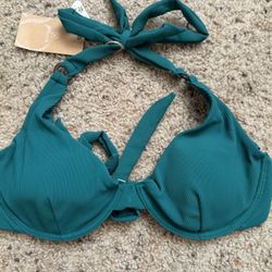 Berlook Green Ribbed Bikini Set With Underwire Halter Top And Tie Bottoms