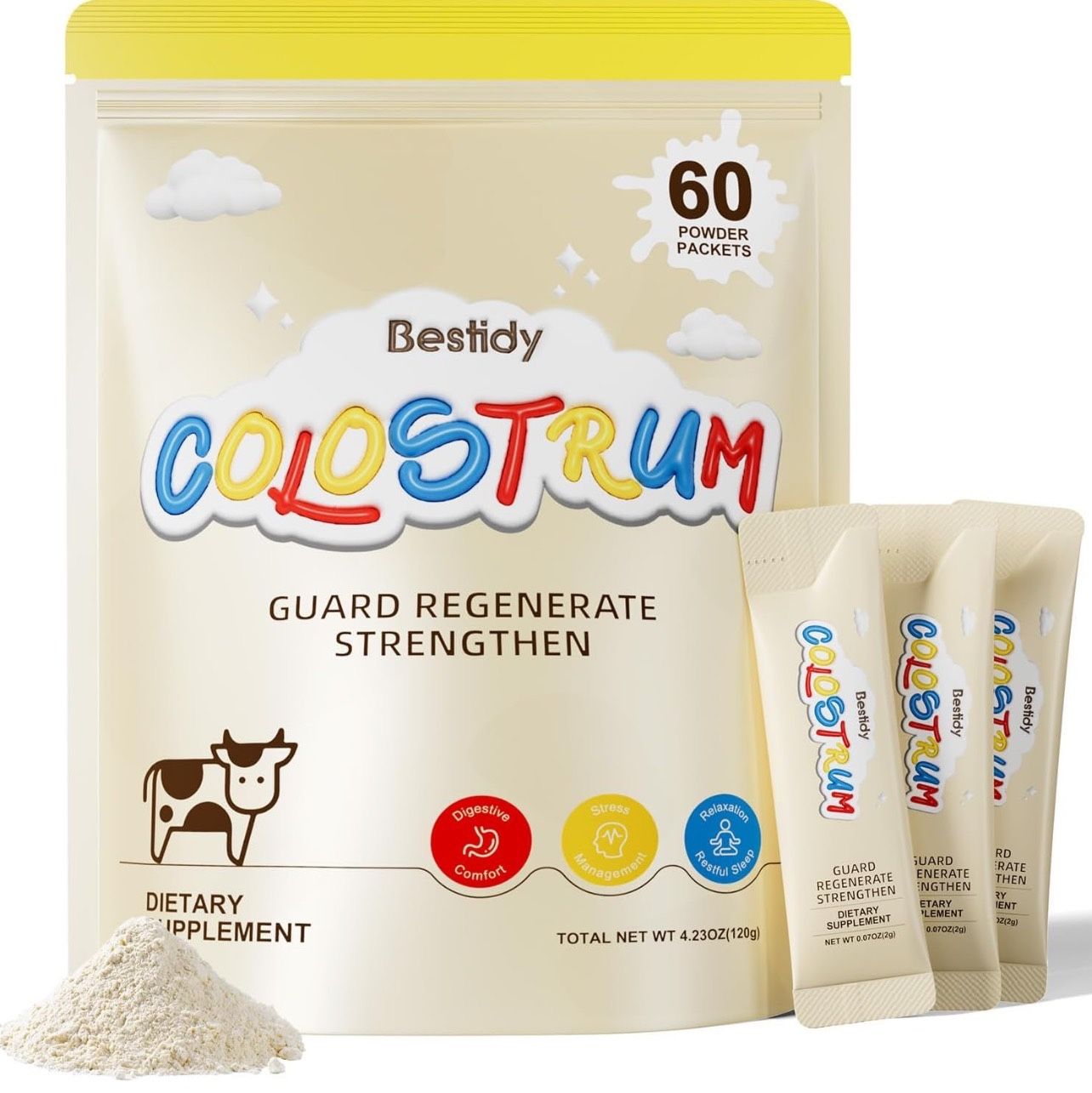 Bestidy Colostrum Supplement,Pure 40% IgG Colostrum Powder for Gut, Hair Growth, Beauty, Individually Packaged,Natural Superfood Bovine Colostrum Powd
