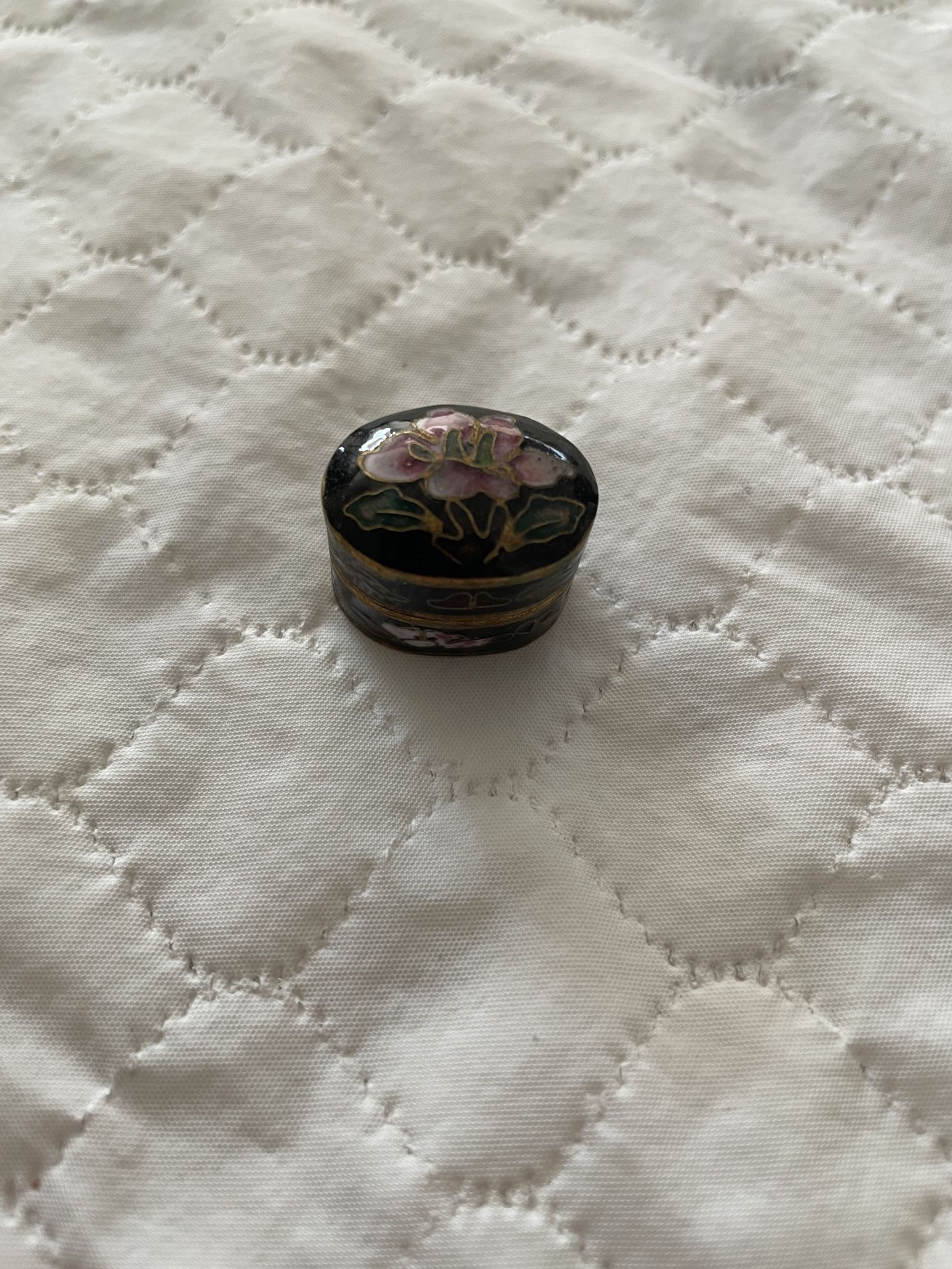 Vintage Antique Cloisonne Enamel/Bronze Pill box black floral