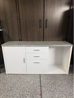 White Laminate Storage Credenza / Sideboard with Concrete-Look Top