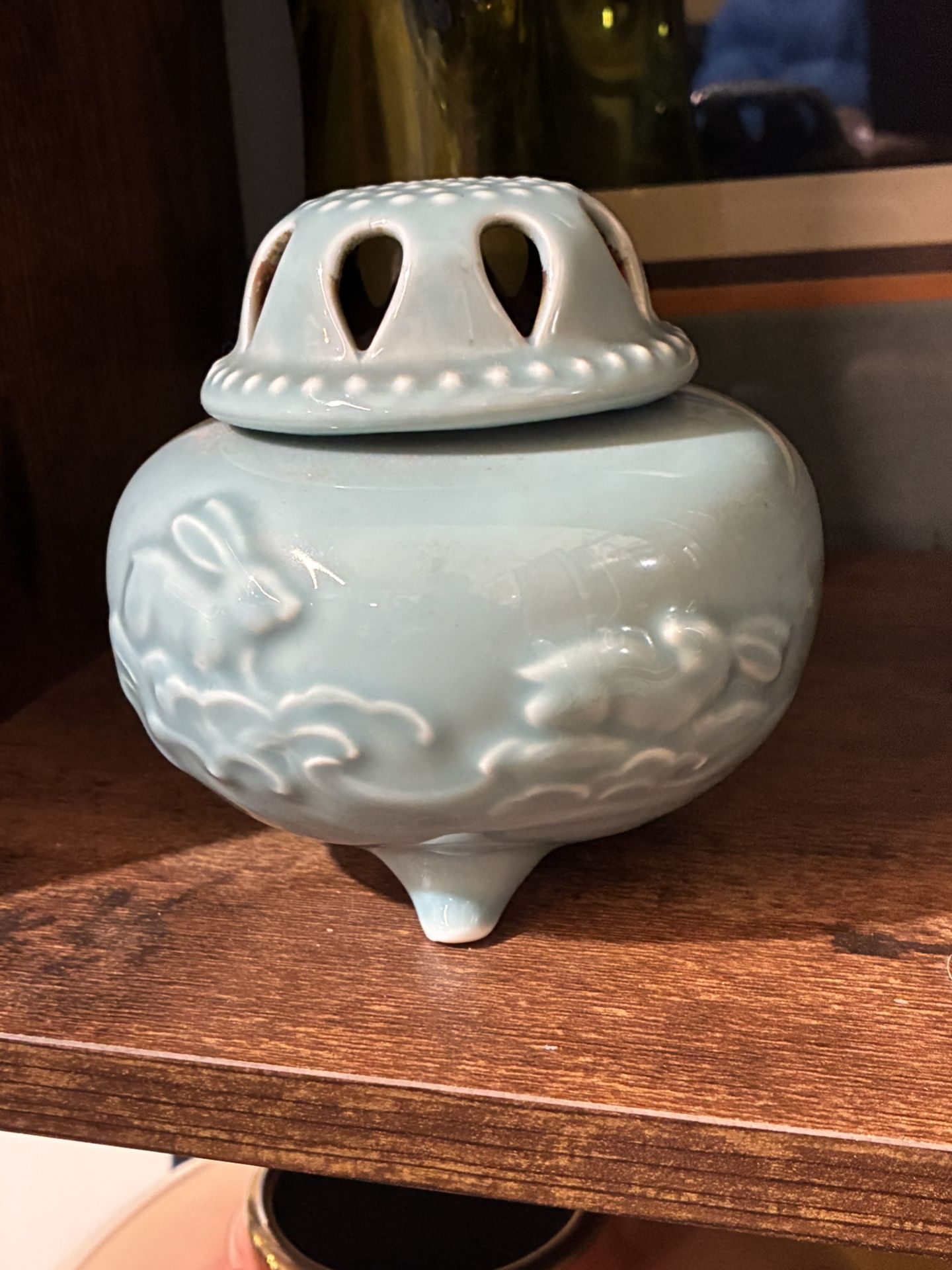 Vintage Japanese celadon-glazed ceramic incense burner with rabbit motif, Showa period (c. 1950s–1970s).