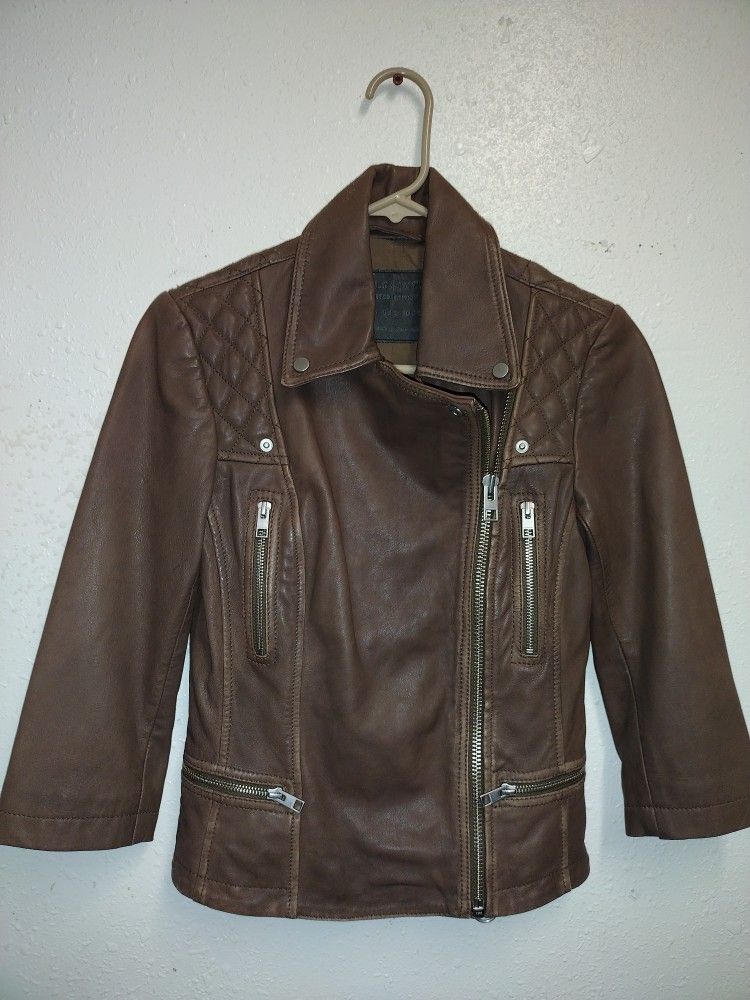Women's Limited Edition All Saints Brown Cropped Cargo Bike Lamb Leather Jacket Size 2 - WL082E