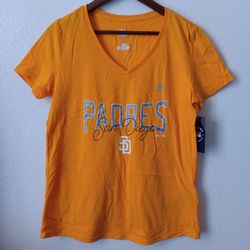 Women's M Padres Majestic V-neck Tee Gold Silver