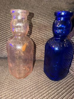 Vintage Brookfield Baby Top Glass Milk Bottles - Set of 2 (Pink & Cobalt Blue) 1 Quart