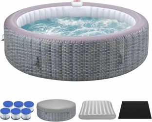 1476e $300  82" Inflatable Hot Tub for 4-6 People, 130 Soothing Bubble Jets Portable Ourdoor Spa, Smart Heating up to 104°F, with Insulated Cover & PE