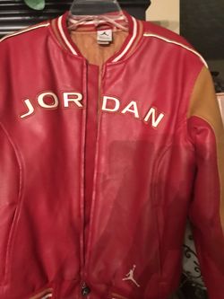 Jordan faux leather zip-up varsity jacket.