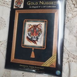 Counted Cross Stitch, 8x10, Tiger, Velveteen Background, Tassels, Made In USA