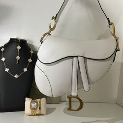 Luxury Set Mothers Day Gift 🎁  White Saddle Bag C Dio r Clover Necklace Clover Bracelet Mother Of Pearl Women’s Watches Love Bracelet 18k Yellow Gold
