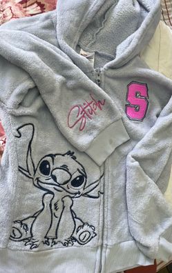 Disney Stitch Plush Fleece Zip-Up Hoodie Girls Size 7/8 Gray Embroidered Hooded Jacket