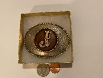 Vintage Metal Belt Buckle, German Silver, Nice Enamel, Letter J, Initial J, Nice Design, 3 1/2" x 2 1/2", Heavy Duty, Quality, Thick Metal, Made in US