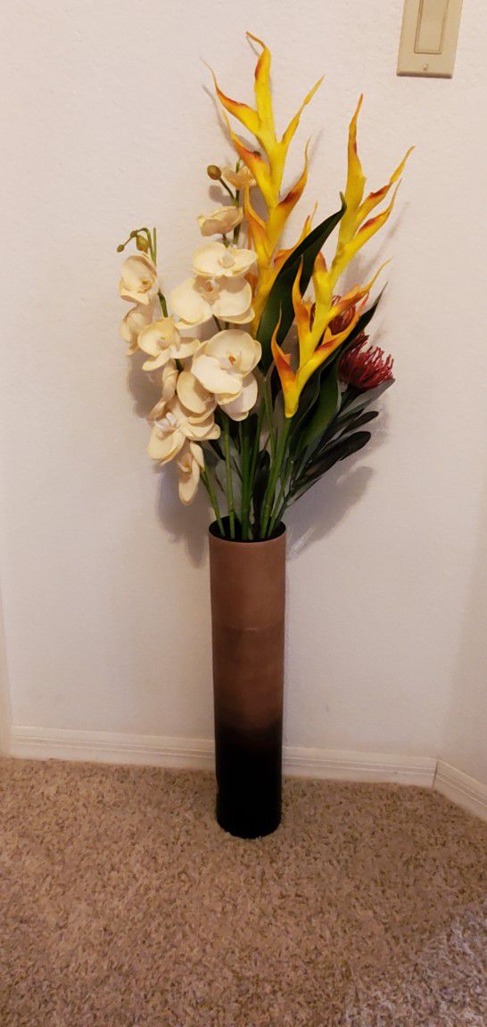 2 Matching Ombre Brown Vases with Faux Flowers