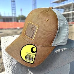 Carhartt Men’s 106401 Canvas Logo C Brown Beige Trucker Hat Sz OS