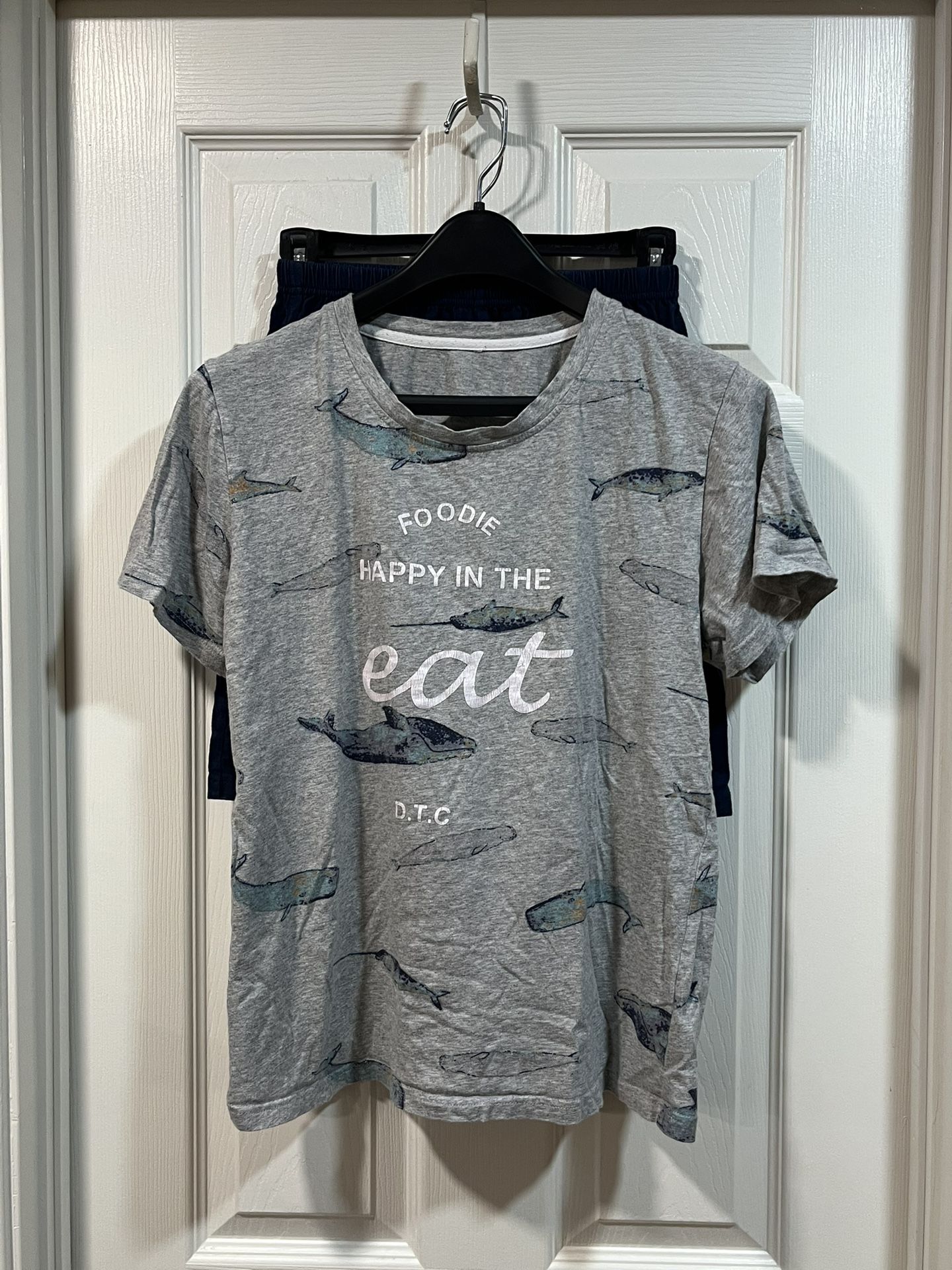 Kid’s Unisex Blue and Gray Pajama Shorts Set (Shark/Whale Theme), Size: Medium