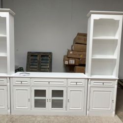 4-Piece White Wood Entertainment Center TV Stand with Tempered Glass Door TV Console, Bookshelves for TVs up to 57 in. $450