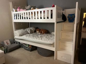 White Twin Bunk Bed with Storage Stairs