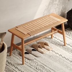 100% Solid Oak Wood Bench,Hand Woven Design,Solid Mortise and Tenon Construction-Solid Structure of Chair Legs,Woven Rattan Entryway Benchs/Dining Ben