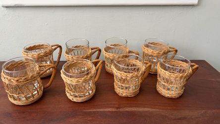 Set of 8 Vintage Boho Rattan Woven Cup Holders with Clear Glass Inserts - Mixed Style Lot