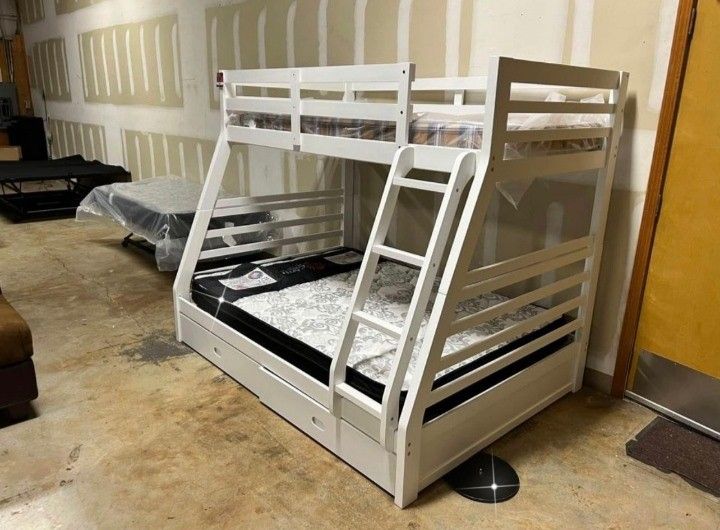 $10 Down Payment Finance 🕵🏼♀️New White Twin/Full Bunk Bed with 2 Storage Drawers