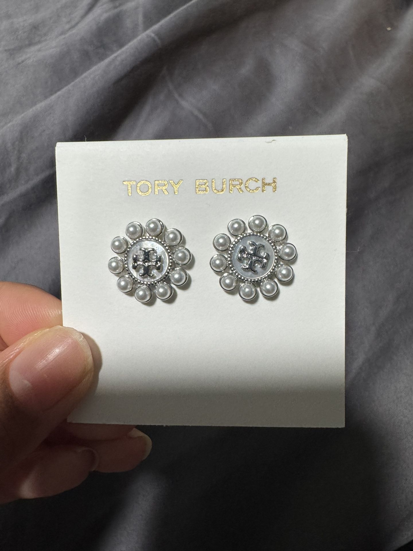 Tory Burch Pearl Silver Stud Earrings