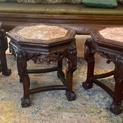 3 Antique Chinese Octagon Marble Top Hand carved Tables 